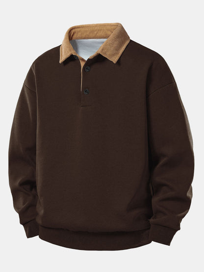 Men’s Relaxed Polo Sweatshirt with Corduroy Collar – Cotton Blend Autumn Layer