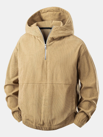 Men’s Corduroy Quarter-Zip Hoodie – Relaxed Textured Pullover for Autumn Layering