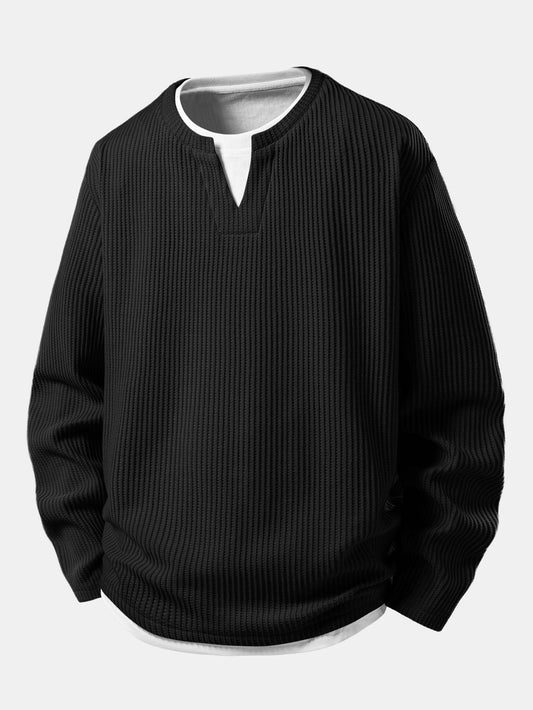 Men’s Waffle Notch-Neck T-Shirt with Built-In Layer – Relaxed Transitional Long Sleeve