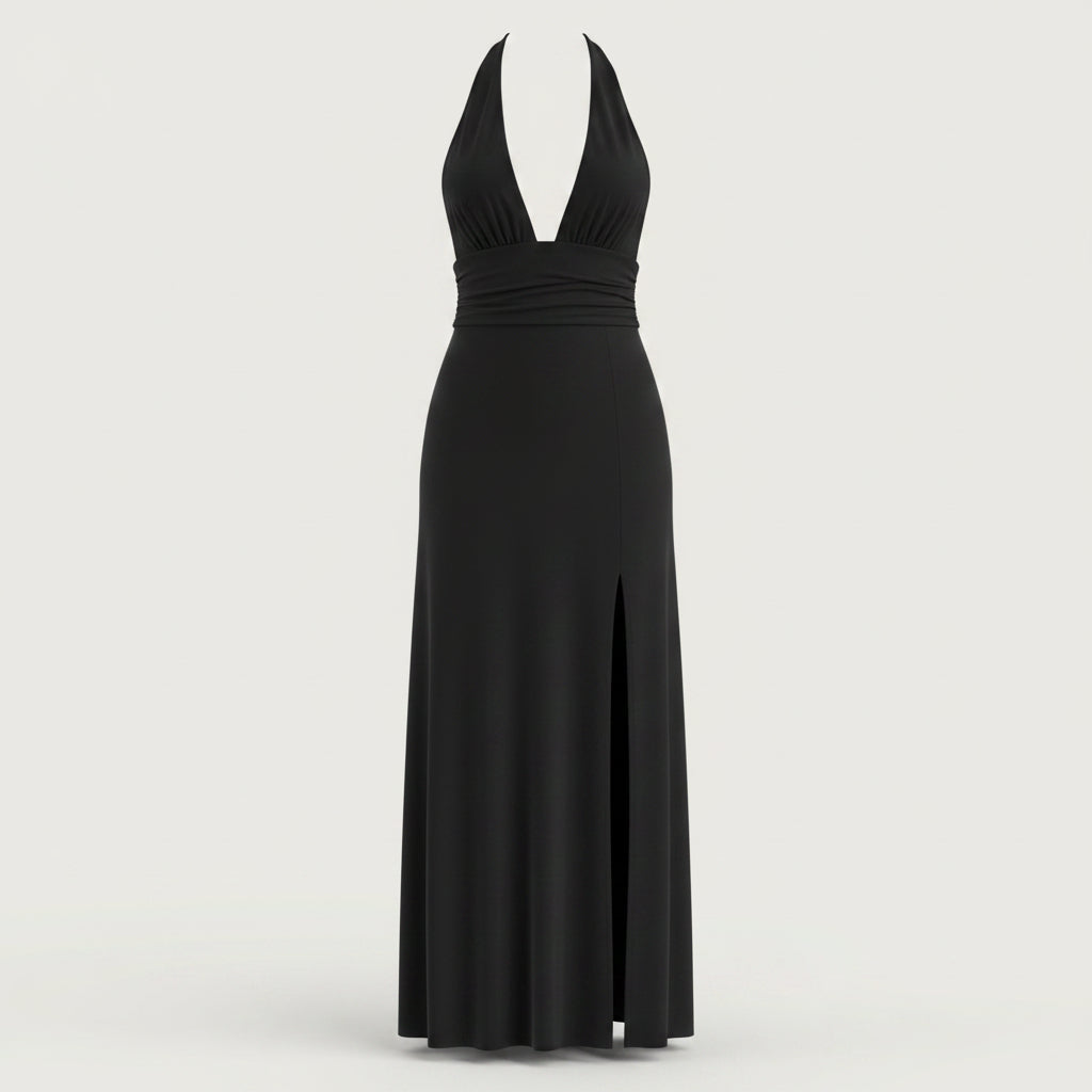 Women’s Halterneck Maxi Dress – Elegant Wedding Guest Style with Plunge Neckline and Side Split