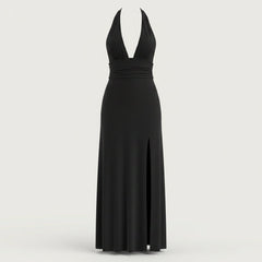 Women’s Halterneck Maxi Dress – Elegant Wedding Guest Style with Plunge Neckline and Side Split