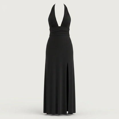 Women’s Halterneck Maxi Dress – Elegant Wedding Guest Style with Plunge Neckline and Side Split