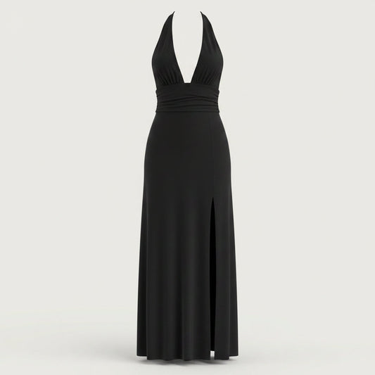 Women’s Halterneck Maxi Dress – Elegant Wedding Guest Style with Plunge Neckline and Side Split