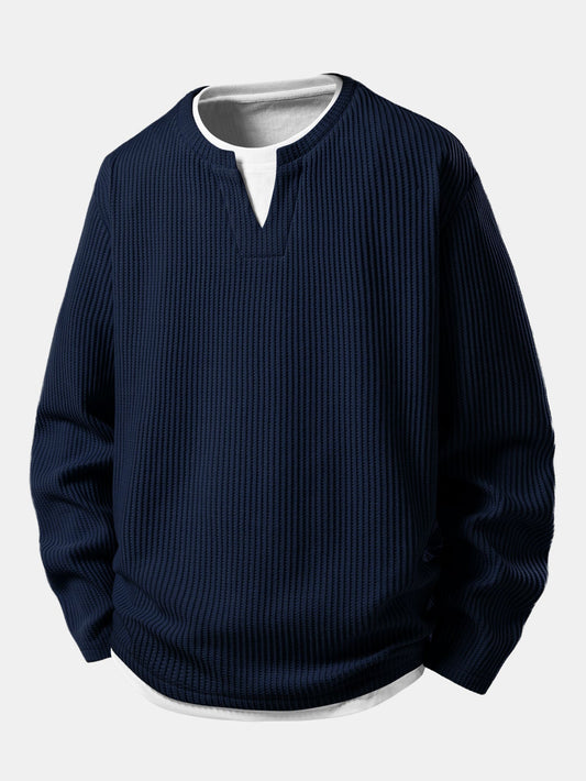 Men’s Waffle Notch-Neck T-Shirt with Built-In Layer – Relaxed Transitional Long Sleeve