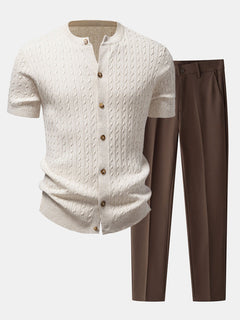 Men’s Cable-Knit Button Shirt with Tapered Trousers – Refined Smart Casual Set