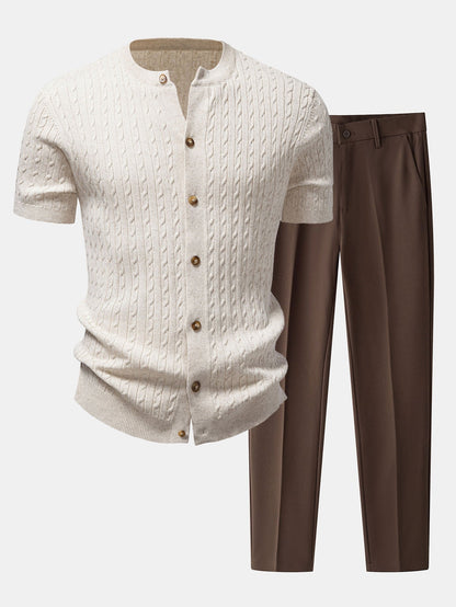 Men’s Cable-Knit Button Shirt with Tapered Trousers – Refined Smart Casual Set
