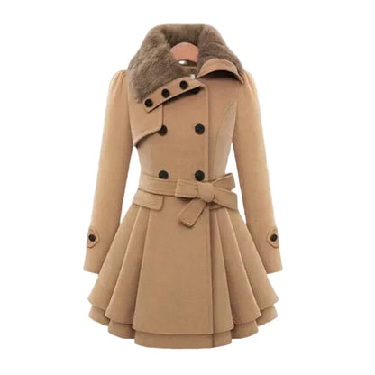 Women’s Faux-Fur Collar Fit-and-Flare Coat – Belted Tailored Layer for Elegant Winter Styling