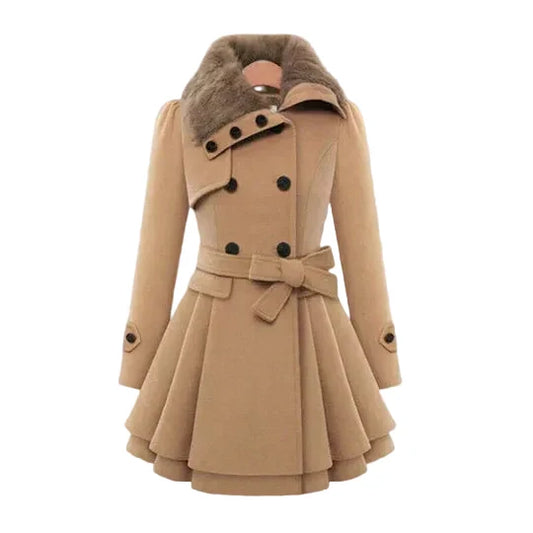 Women’s Faux-Fur Collar Fit-and-Flare Coat – Belted Tailored Layer for Elegant Winter Styling