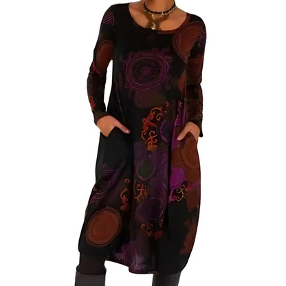 Women’s Midi Dress – All-Over Print with Patch Pockets and Long Sleeves
