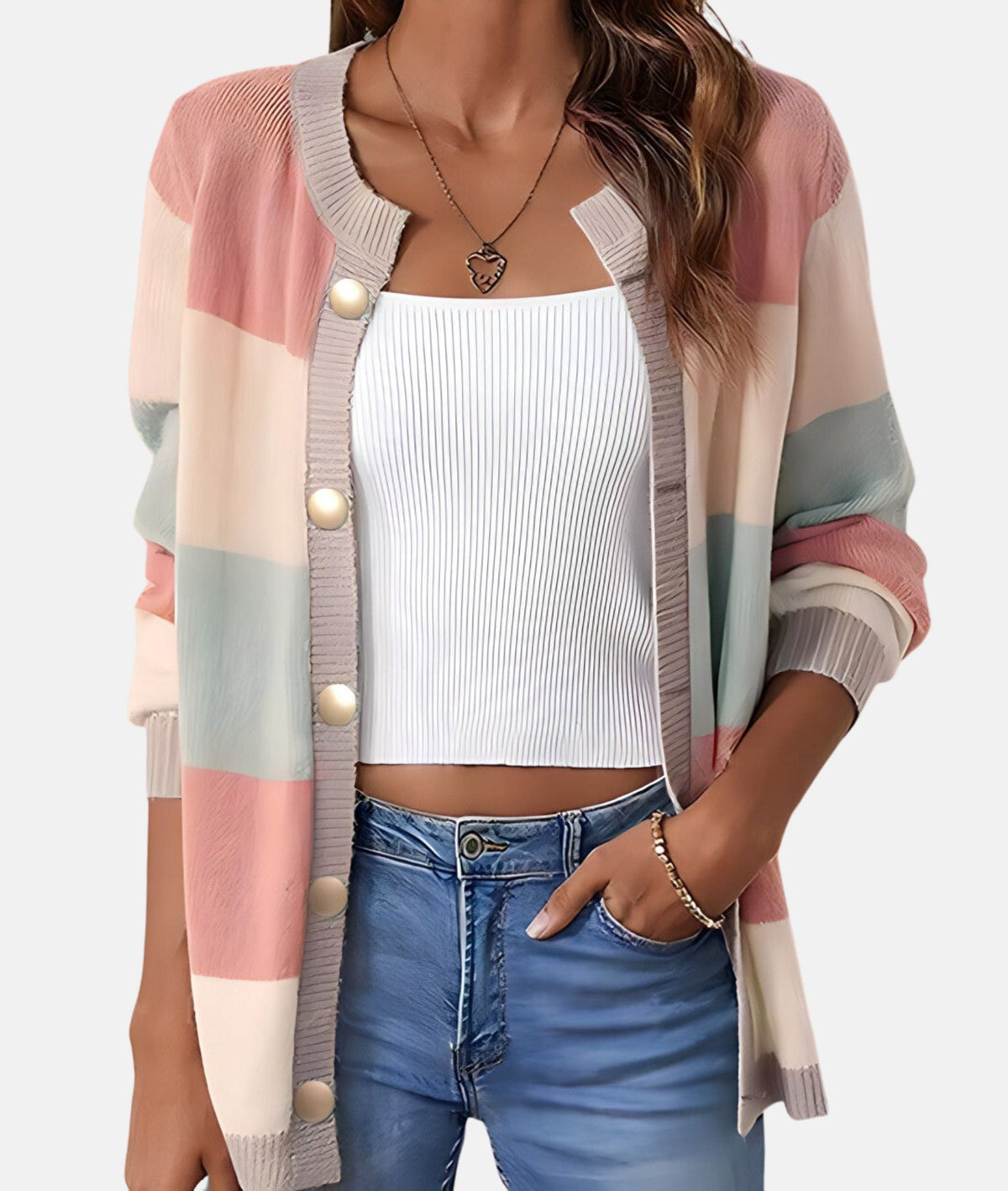 Women’s Colour-Block Button Cardigan – Relaxed Long-Sleeve Knit Layer with Ribbed Trim for Everyday Styling