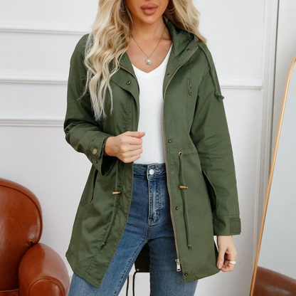 Women’s Hooded Drawstring Utility Parka – Mid-Length Zip-Front Jacket with Adjustable Waist and Practical Pockets