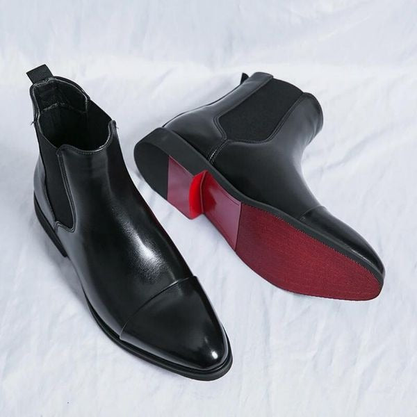 Men’s Polished Chelsea Boots – Pointed-Toe Ankle Design with Elastic Side Panels and Low Heel