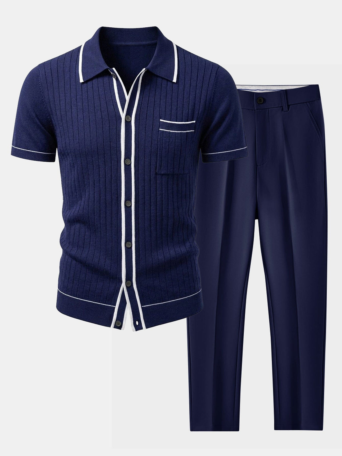 Men’s Ribbed Knit Button Shirt Set – Tailored Tapered Trousers for Smart Casual Dressing