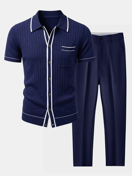 Men’s Ribbed Knit Button Shirt Set – Tailored Tapered Trousers for Smart Casual Dressing