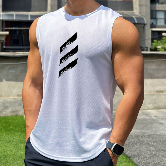 Men’s Performance Sleeveless Sports Top – Lightweight Crew-Neck Training Tank with Graphic Front Detail