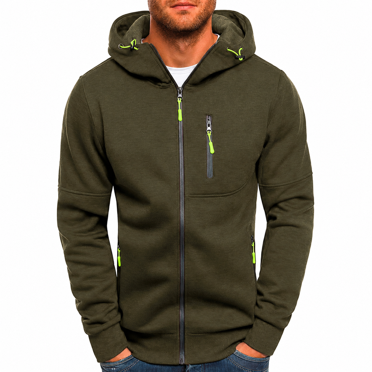 Men’s Zip-Through Hoodie – Chest Pocket with Drawcord Hood and Contrast Seams