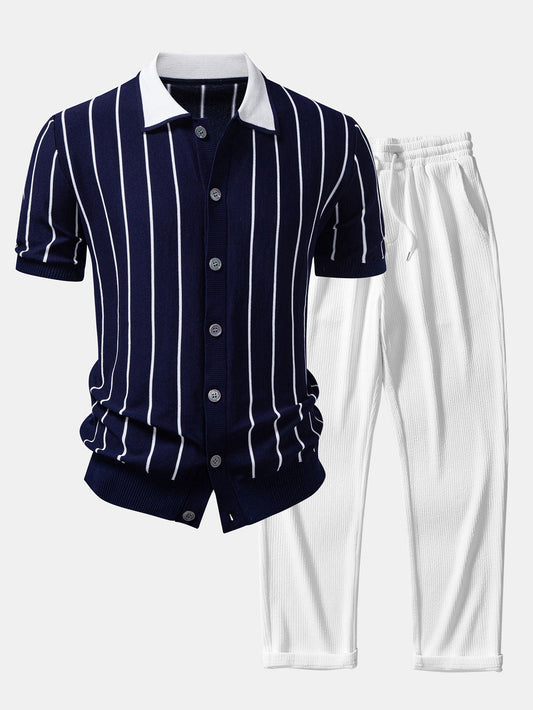 Men’s Knitted Button-Up Shirt and Straight-Leg Trousers Set – Smart Casual Summer Co-Ord