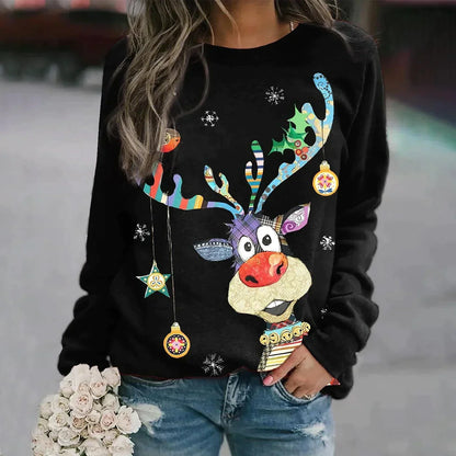 Women’s Novelty Christmas Sweatshirt – Cheerful Crew Neck Pullover for Holiday Fun