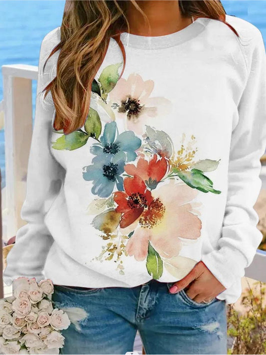 Women’s Artistic Print Sweatshirt – Easy Crew Neck Pullover for Weekend Styling