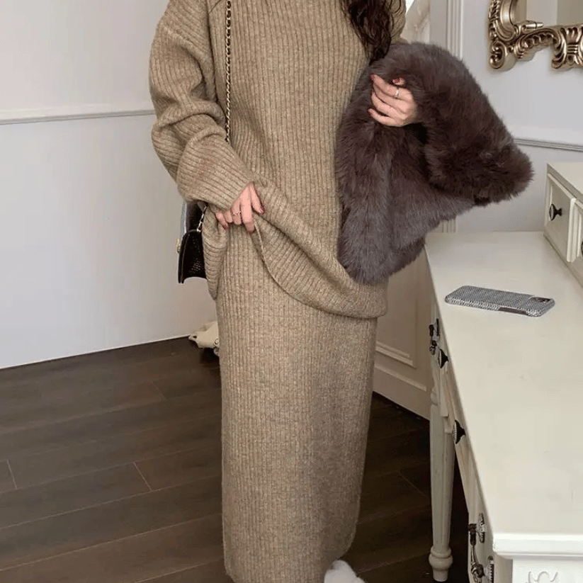 Women’s Oversized Sweater and Midi Skirt Set – Ribbed Knit Co-Ord for Autumn and Winter