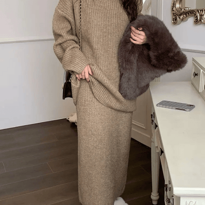 Women’s Oversized Sweater and Midi Skirt Set – Ribbed Knit Co-Ord for Autumn and Winter