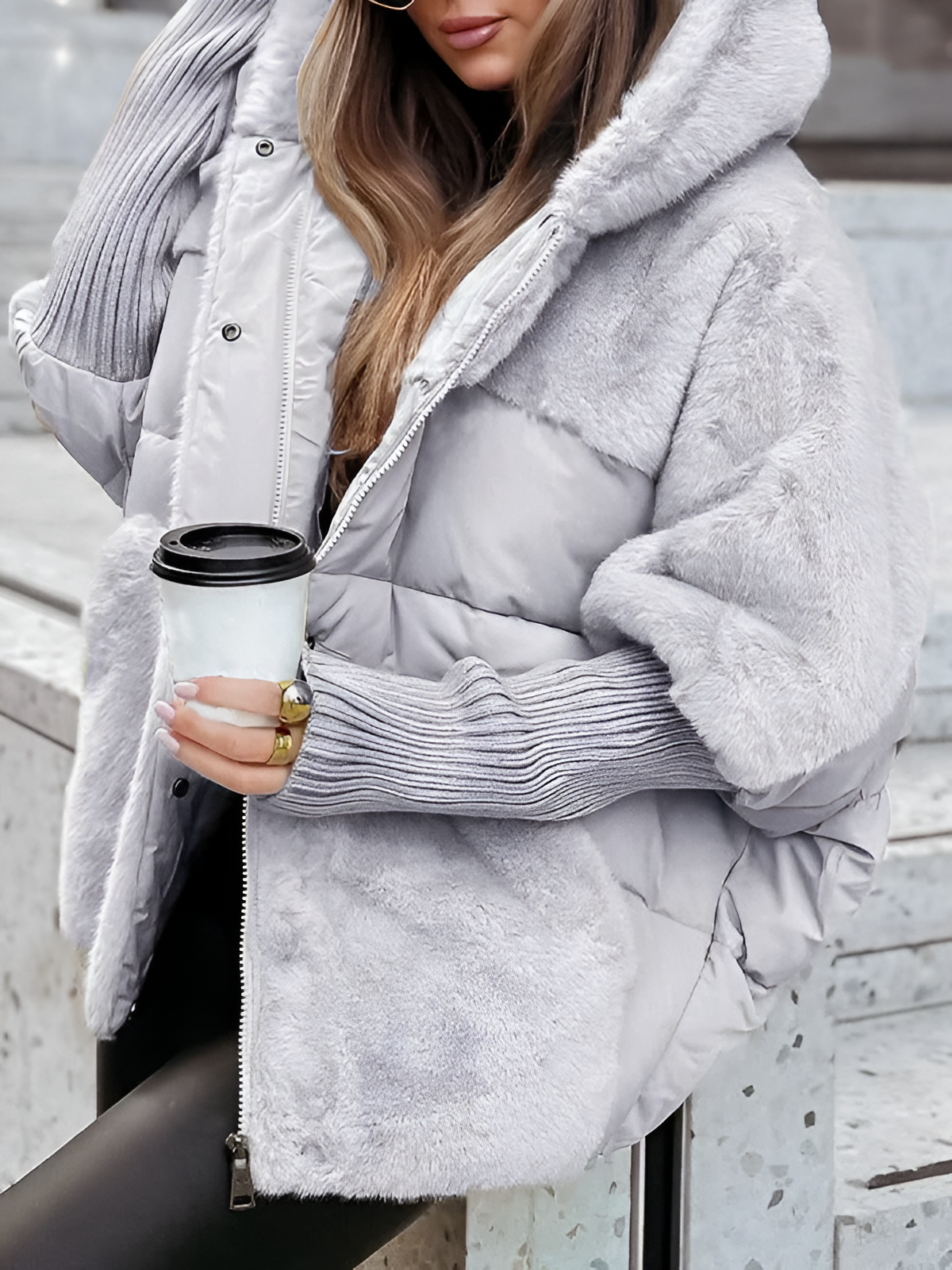 Women’s Oversized Quilted Jacket – Faux Fur Hood with Ribbed Cuffs