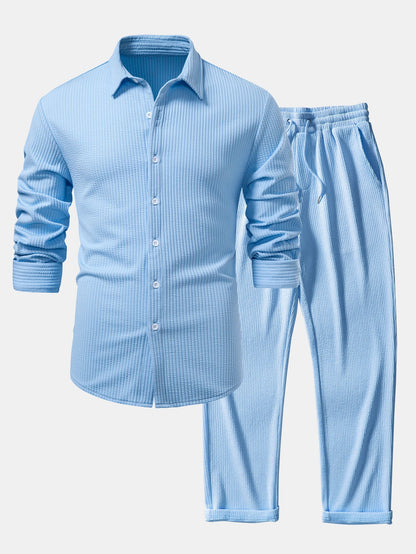 Men’s Ribbed Muscle-Fit Shirt and Straight Trousers – Stretch Smart Casual Set