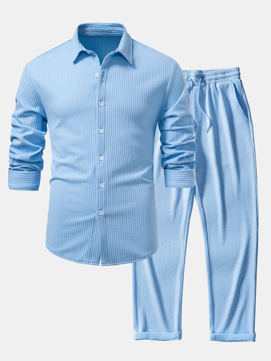 Men’s Ribbed Muscle-Fit Shirt and Straight Trousers – Stretch Smart Casual Set