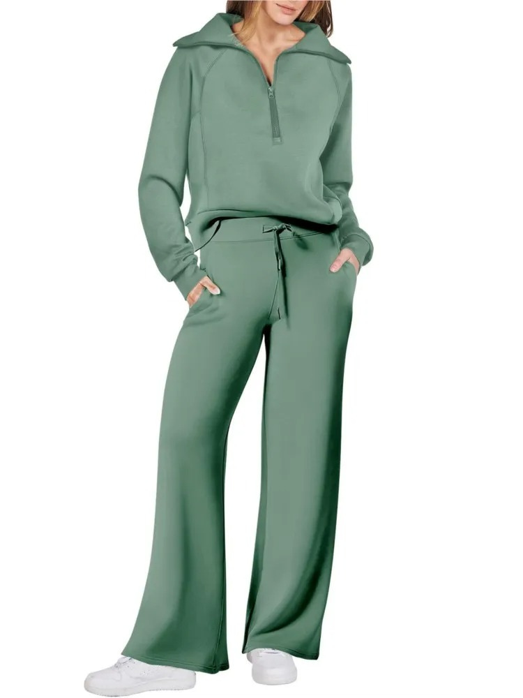 Women’s Half-Zip Leisure Co-Ord – Collared Pullover with Drawstring Wide-Leg Trousers for Casual Wear