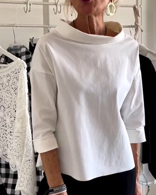Women’s Wide-Neck Cotton Blouse – Relaxed Three-Quarter Sleeve Top for Polished Everyday Wear