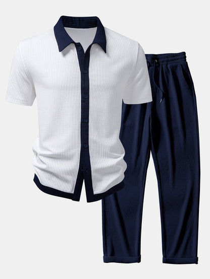 Men’s Stretch Ribbed Shirt and Straight-Leg Trouser Set for Smart Casual Wear