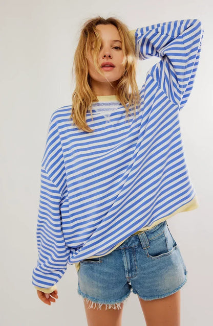 Women’s Striped Sweatshirt – Contrast Trims with Dropped Shoulders