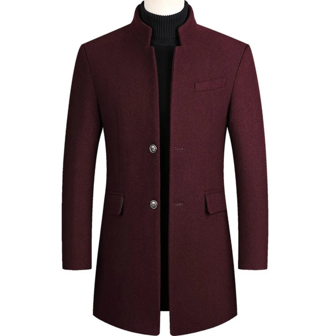Men’s Stand-Collar Longline Overcoat – Tailored Button-Front Layer with Structured Pockets