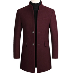 Men’s Stand-Collar Longline Overcoat – Tailored Button-Front Layer with Structured Pockets