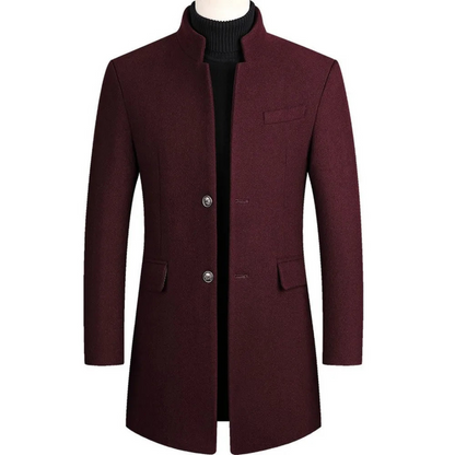 Men’s Stand-Collar Longline Overcoat – Tailored Button-Front Layer with Structured Pockets
