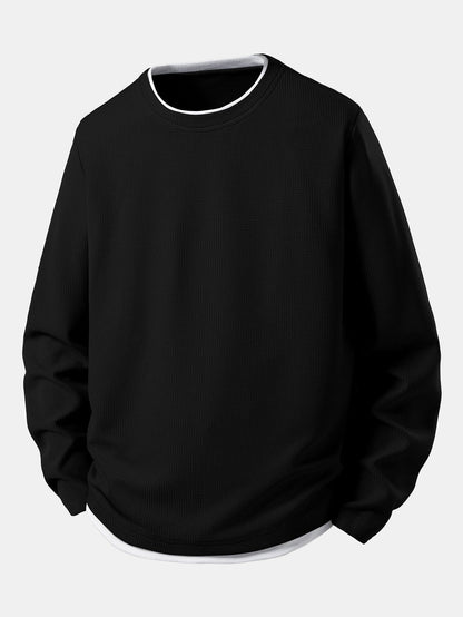 Men’s Waffle Long-Sleeve T-Shirt with Layered Crew Neck – Autumn Casual Essential