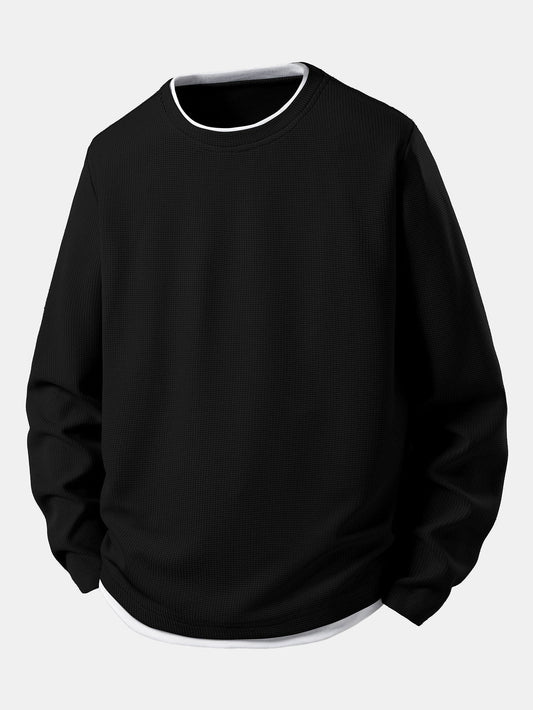 Men’s Waffle Long-Sleeve T-Shirt with Layered Crew Neck – Autumn Casual Essential