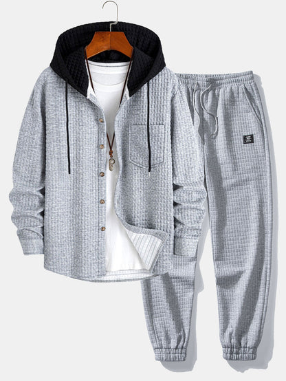 Men’s Waffle Hooded Shirt and Jogger Set – Textured Weekend Casualwear