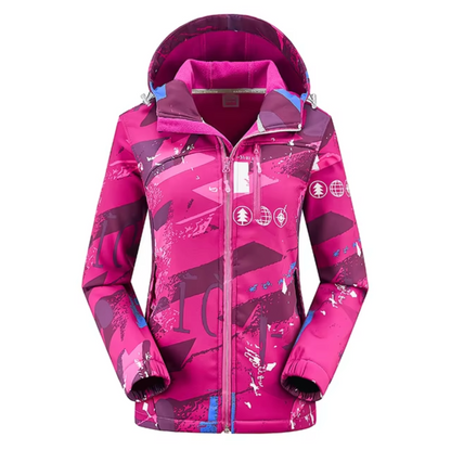 Women’s Printed Hooded Softshell Jacket – Thermal Windproof Outdoor Layer with Waterproof Protection for Hiking and Winter Activities