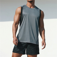 Men’s Colour-Block Sleeveless Sports Top – Relaxed Crew-Neck Training Tank with Wide Armholes