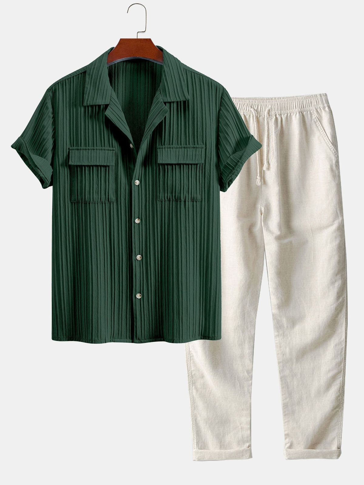 Men’s Textured Cuban Collar Shirt and Linen Blend Trouser Co-Ord for Summer Smart Casual Wear