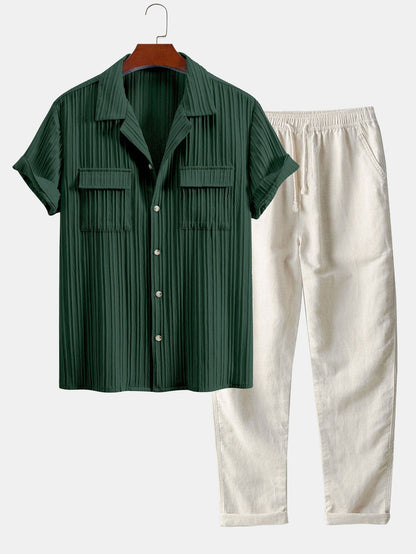 Men’s Textured Cuban Collar Shirt and Linen Blend Trouser Co-Ord for Summer Smart Casual Wear