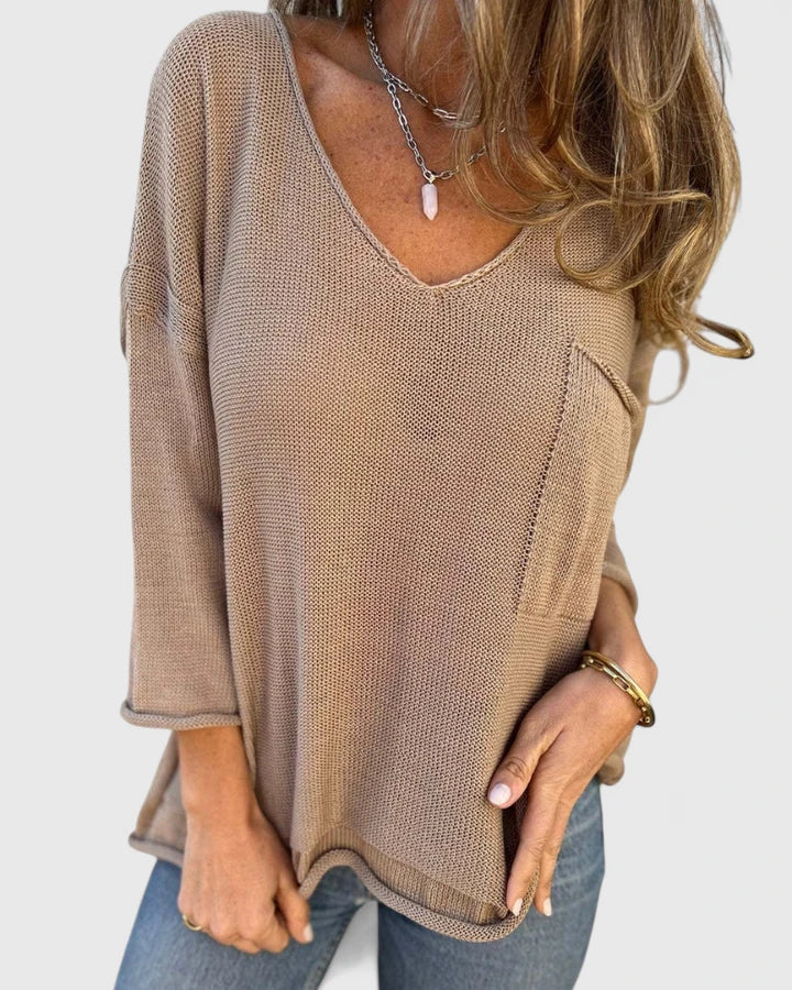 Women’s Knitted Jumper – Deep V-Neck Fine-Knit Jumper with Chest Pocket