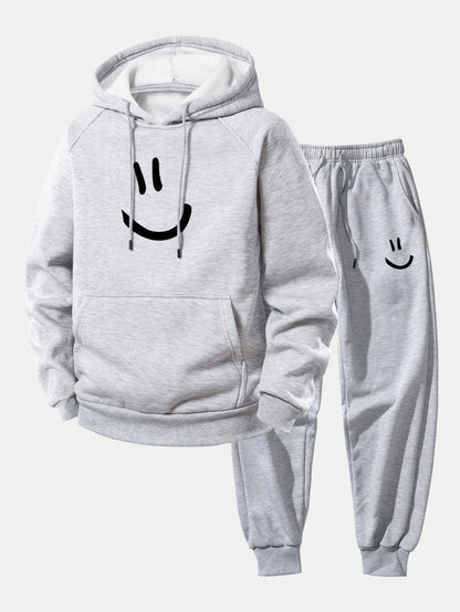 Men’s Loose Fit Hoodie Tracksuit – Printed Polyester Set with Tapered Joggers