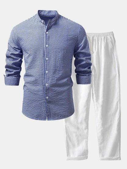 Men’s Lightweight Stand Collar Co-Ord – Seersucker Shirt with Linen Blend Trousers