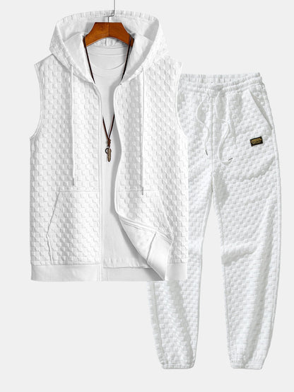 Men’s Sleeveless Hooded Vest Tracksuit – Textured Jogger Co-Ord for Streetwear