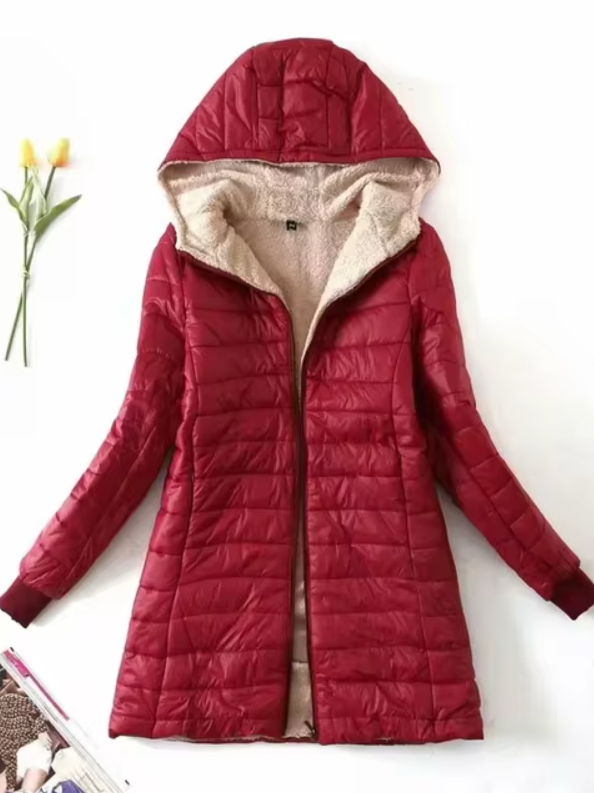 Women’s Plush Fleece-Lined Hooded Quilted Coat – Warm Mid-Length Winter Layer