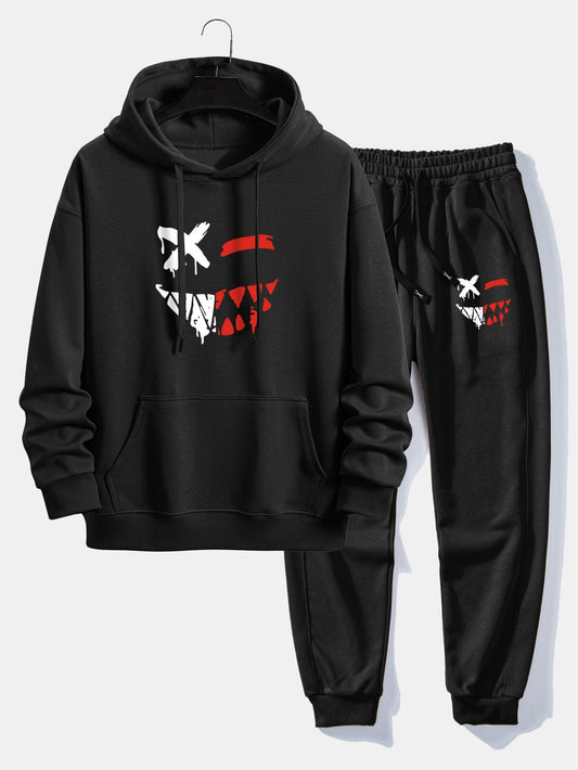 Men’s Casual Two-Piece Tracksuit – Cotton Blend Printed Hoodie with Joggers