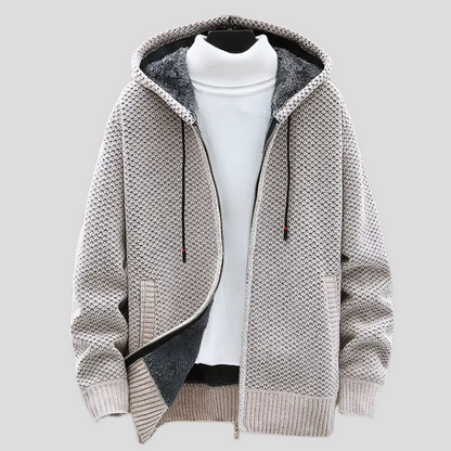 Men’s Hooded Knit Jacket – Waffle-Knit Cardigan with Full-Length Zip