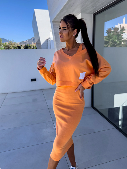 Women’s Cropped Sweatshirt and Midi Dress Set – Relaxed Layered Style for Everyday Wear